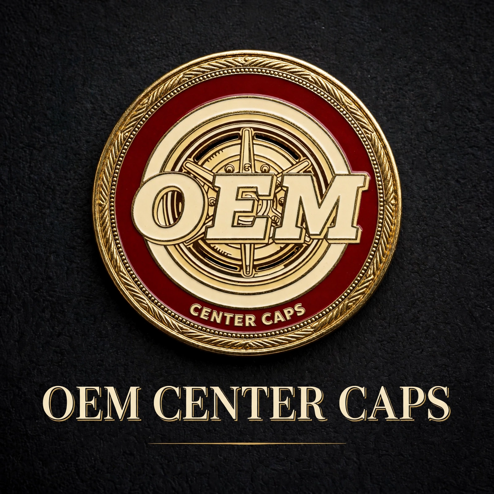OEM Center Caps — burgundy and gold medallion logo